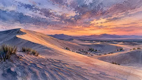 Wind-sculpted sand dunes under high clouds – loose watercolor Frame TV art