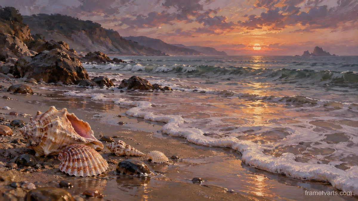 Seashells beside gentle sea foam – atmospheric oil painting Samsung Frame TV art, 4K