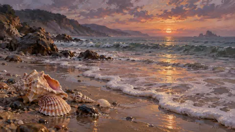 Seashells beside gentle sea foam – atmospheric oil painting Frame TV art