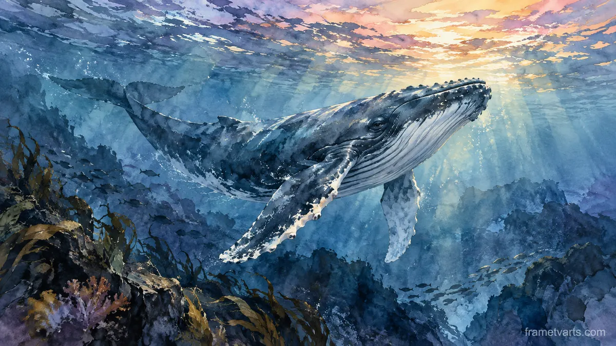 Humpback whale beneath a luminous sea surface – loose watercolor Samsung Frame TV art, 4K
