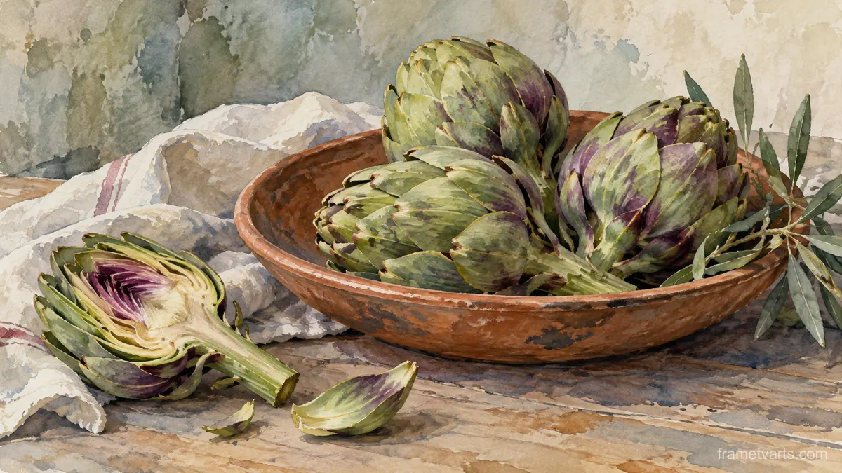 Artichokes and an earthenware plate – watercolor still life Samsung Frame TV art, 4K