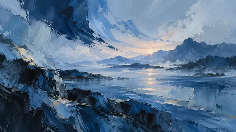 Large gestural brushstrokes around a quiet center – cool blue lyrical abstraction Frame TV art