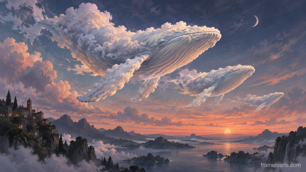 Cloud-shaped whales crossing a twilight sky – surrealist fine-art illustration Samsung Frame TV art, 4K