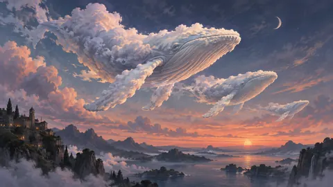 Cloud-shaped whales crossing a twilight sky – surrealist fine-art illustration Frame TV art
