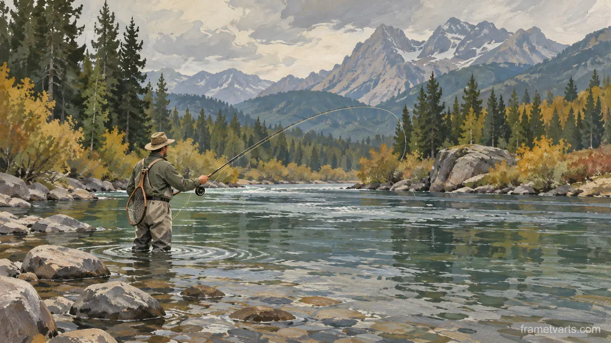 Fly fishing on a tranquil river – vintage-style gouache illustration Samsung Frame TV art, 4K