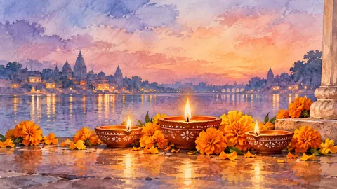 Diwali clay diyas surrounded by marigolds – elegant watercolor Frame TV art