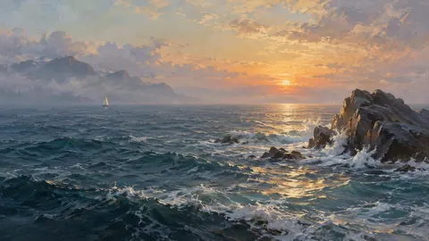 Open sea and distant horizon in soft mist – luminous contemplative oil Frame TV art