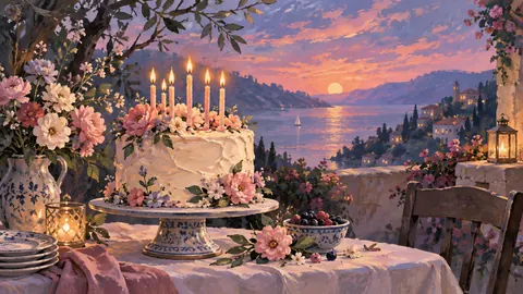 Elegant birthday cake with plain candles without text – decorative gouache keepsake composition Frame TV art