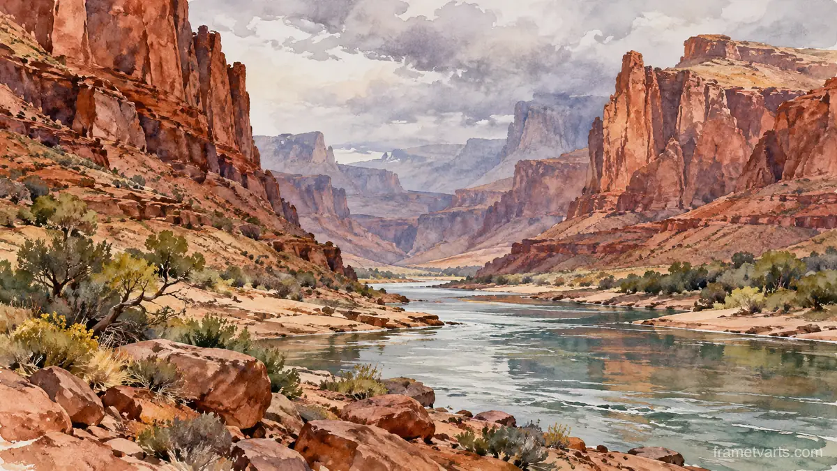 Red canyon and a narrow desert river – loose watercolor Samsung Frame TV art, 4K