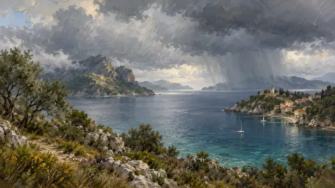 Rain clouds crossing an island bay – atmospheric oil painting Frame TV art