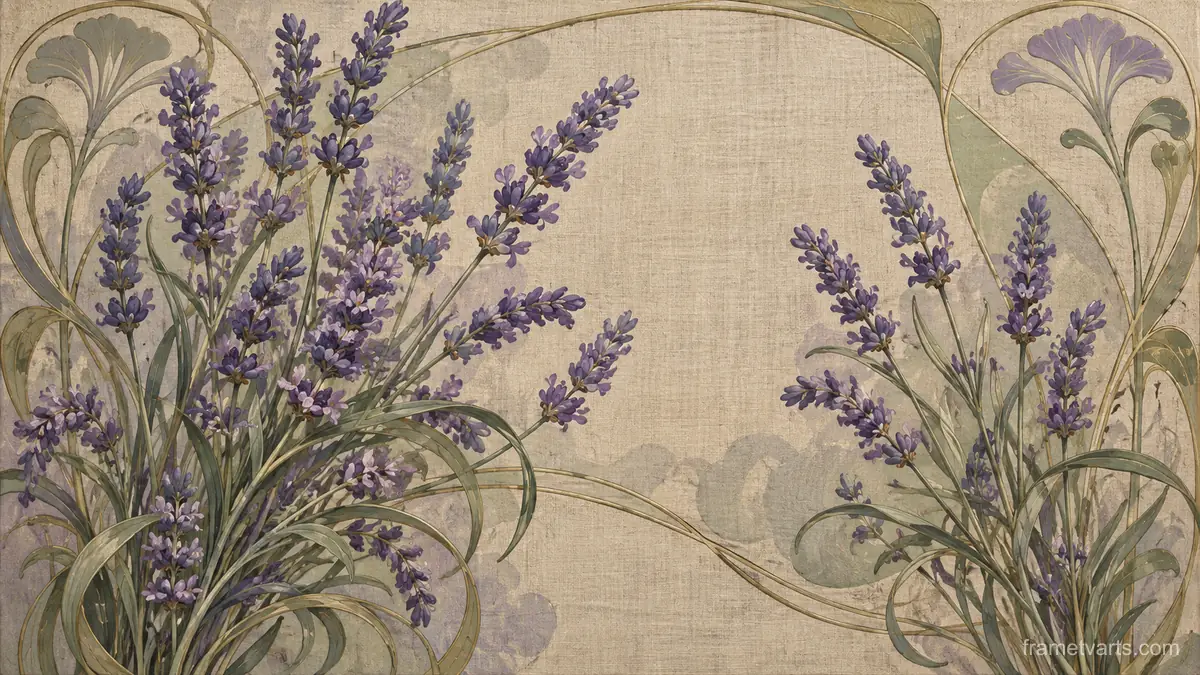 Lavender stems on textured linen – decorative art nouveau painting Samsung Frame TV art, 4K