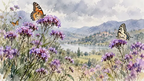 Butterflies around wild verbena – loose watercolor Frame TV art