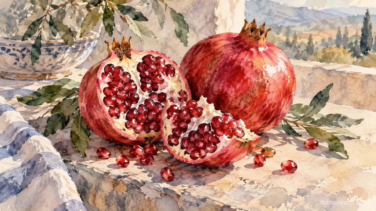 Pomegranate split beside whole fruit – watercolor still life Samsung Frame TV art, 4K