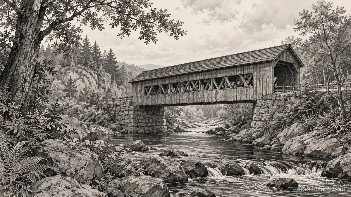Covered wooden bridge over woodland stream – architectural ink drawing Samsung Frame TV art, 4K