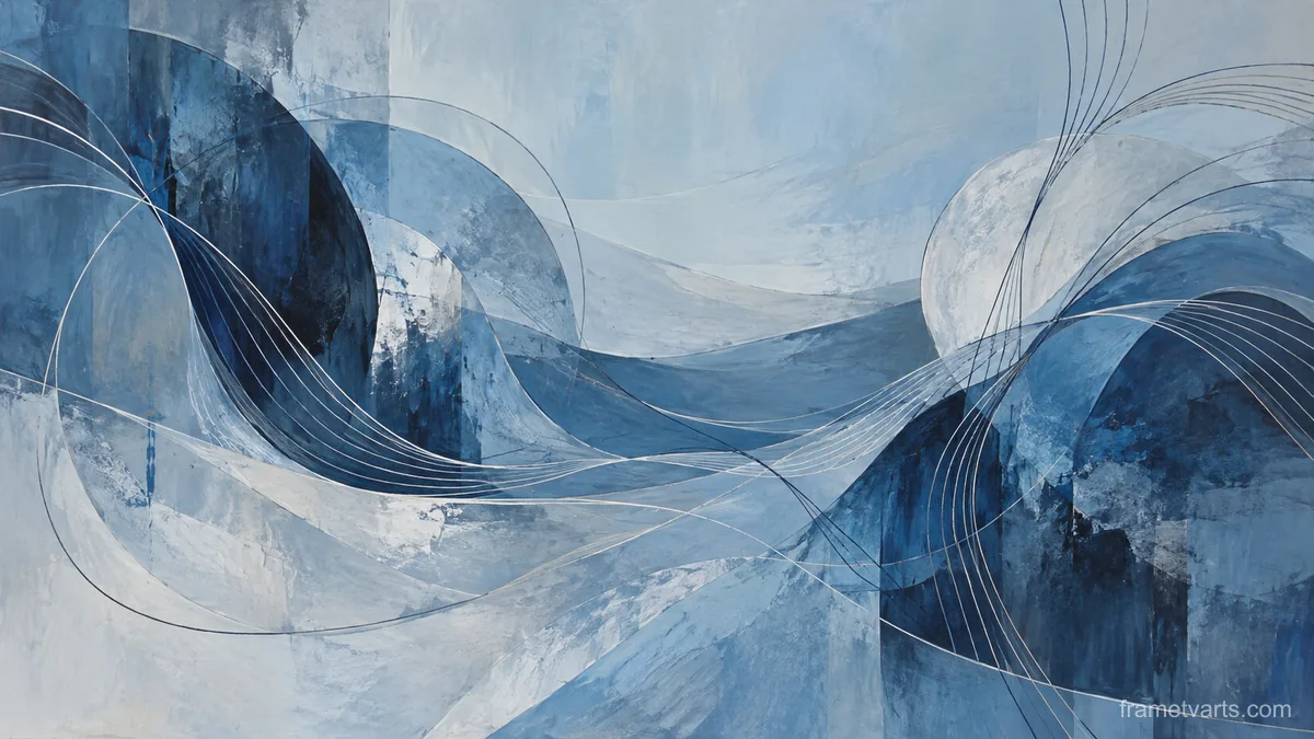 Rhythmic thin lines bending across layered fields – cool blue lyrical abstraction Samsung Frame TV art, 4K
