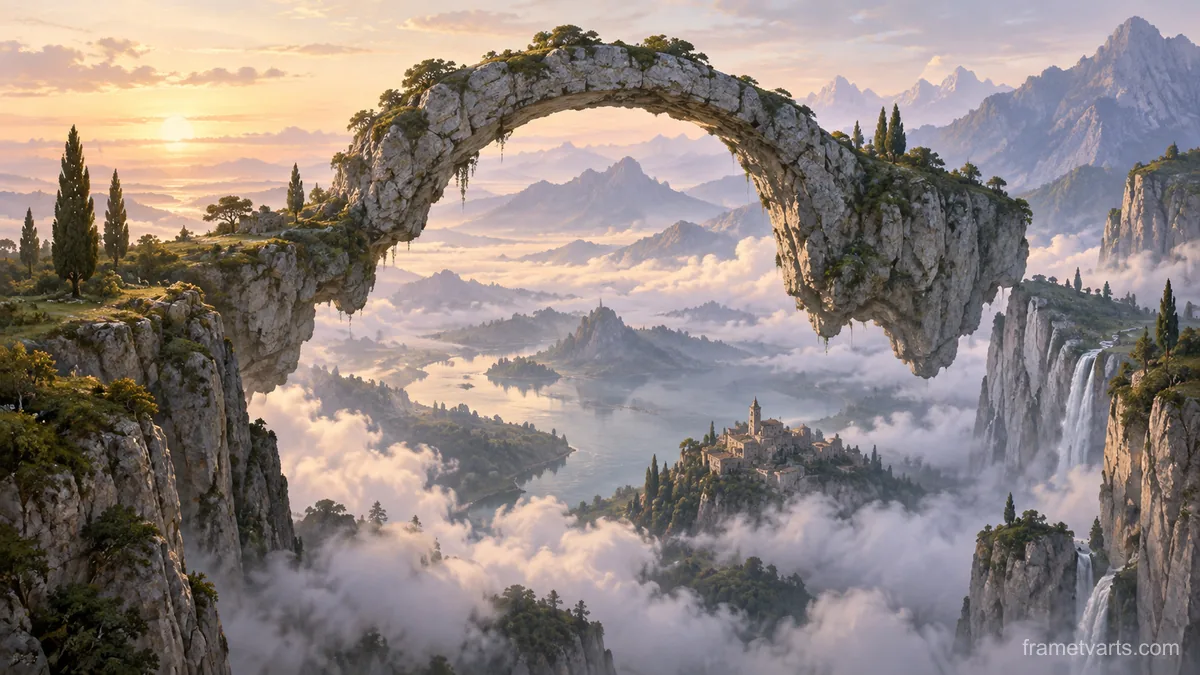 Stone arch suspended over a misty valley – surrealist fine-art illustration Samsung Frame TV art, 4K