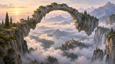 Stone arch suspended over a misty valley – surrealist fine-art illustration Frame TV art