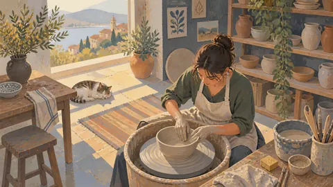 Potter shaping a bowl at a wheel – vintage-style gouache illustration Frame TV art