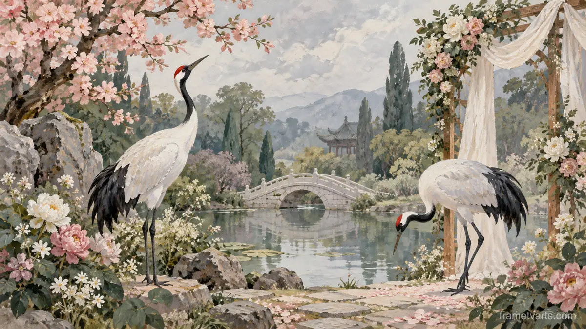 Two graceful cranes in a wedding garden – decorative gouache keepsake composition Samsung Frame TV art, 4K
