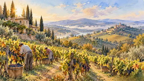 Rolling vineyard hills at harvest – loose watercolor Frame TV art
