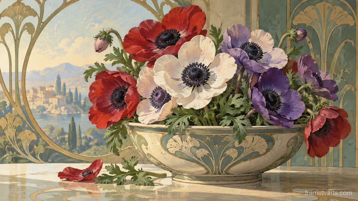 Anemones arranged in a shallow bowl – decorative art nouveau painting Samsung Frame TV art, 4K