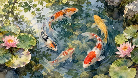 Koi fish circling among pond reflections – loose watercolor Frame TV art
