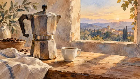 Coffee pot and a small plain porcelain cup – watercolor still life Frame TV art