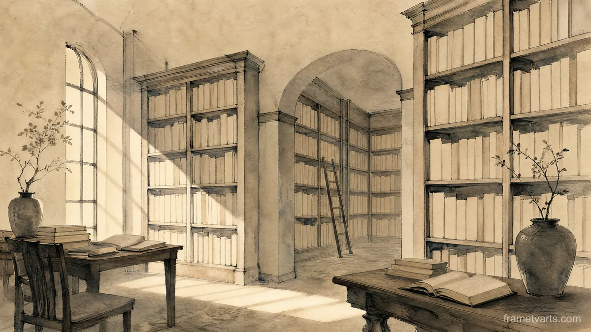Library with tall shelves of unmarked books – architectural ink drawing Samsung Frame TV art, 4K