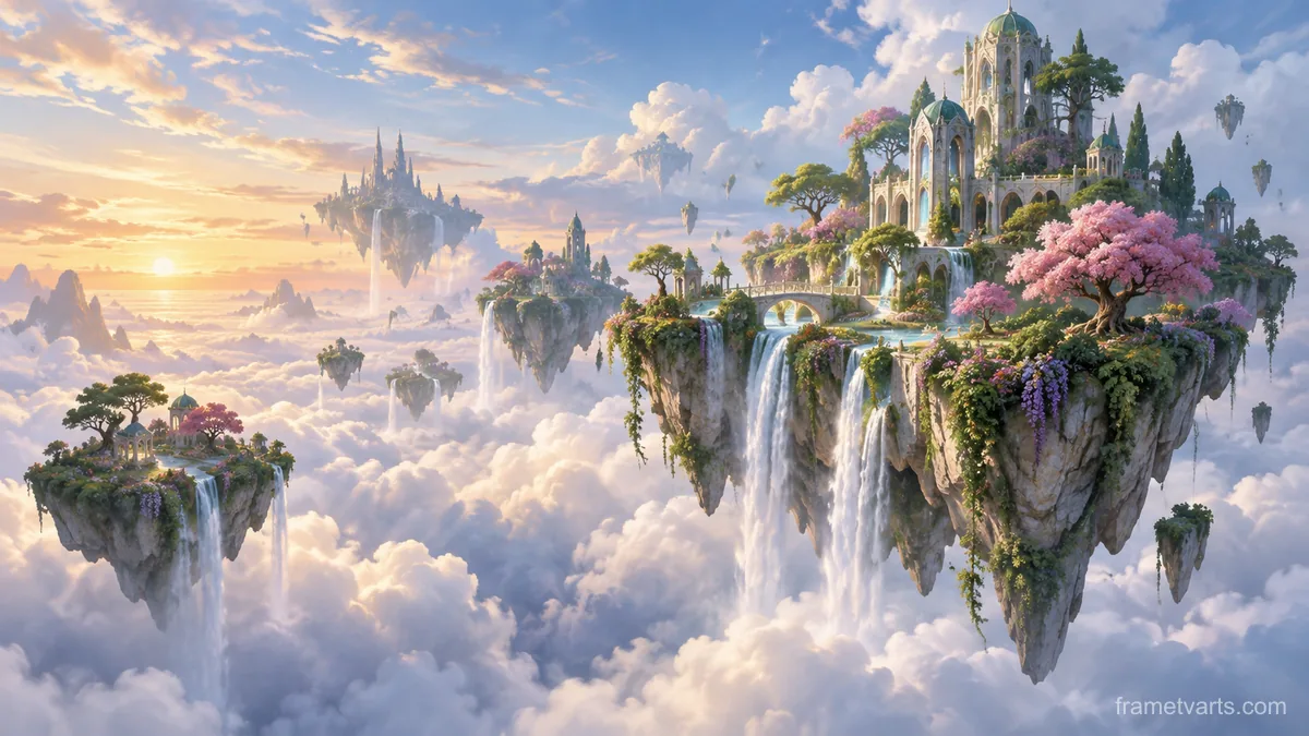 Floating garden islands over a cloud sea – luminous digital painting Samsung Frame TV art, 4K