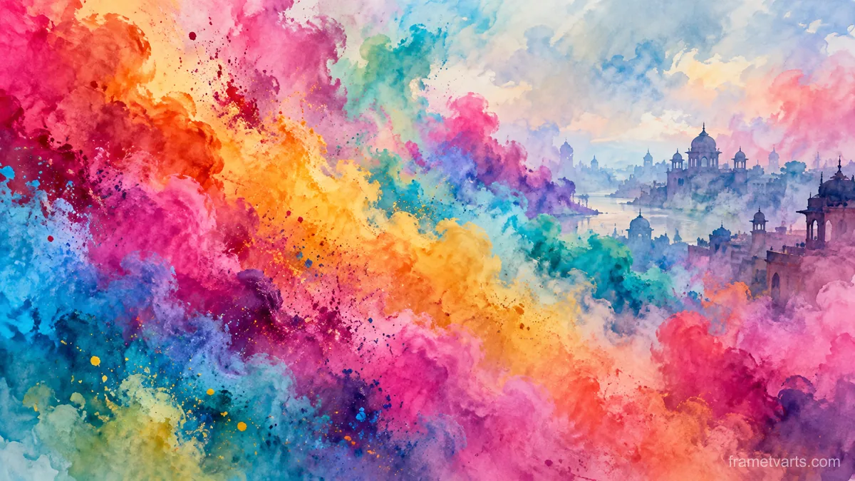 Holi abstract clouds of celebratory colored powder – elegant watercolor Samsung Frame TV art, 4K