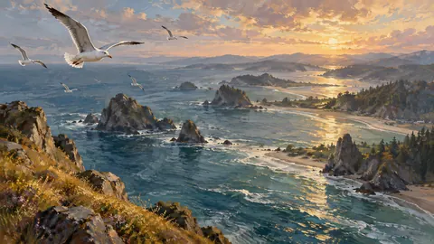 Seabirds above a sweeping coastal inlet – atmospheric oil painting Frame TV art