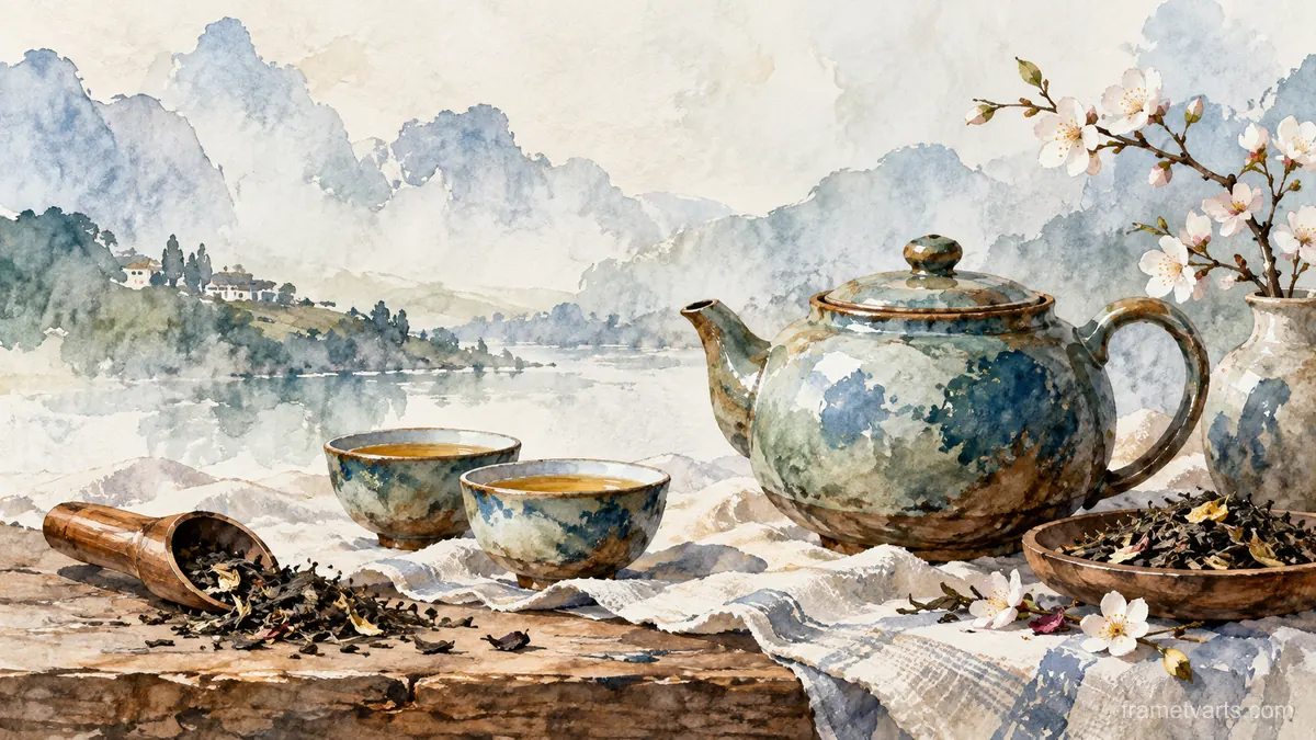 Teapot and loose tea leaves – watercolor still life Samsung Frame TV art, 4K