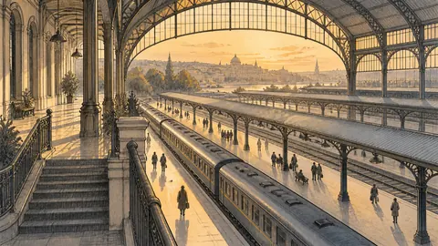 Sunlit train station platform without signage – architectural ink drawing Frame TV art