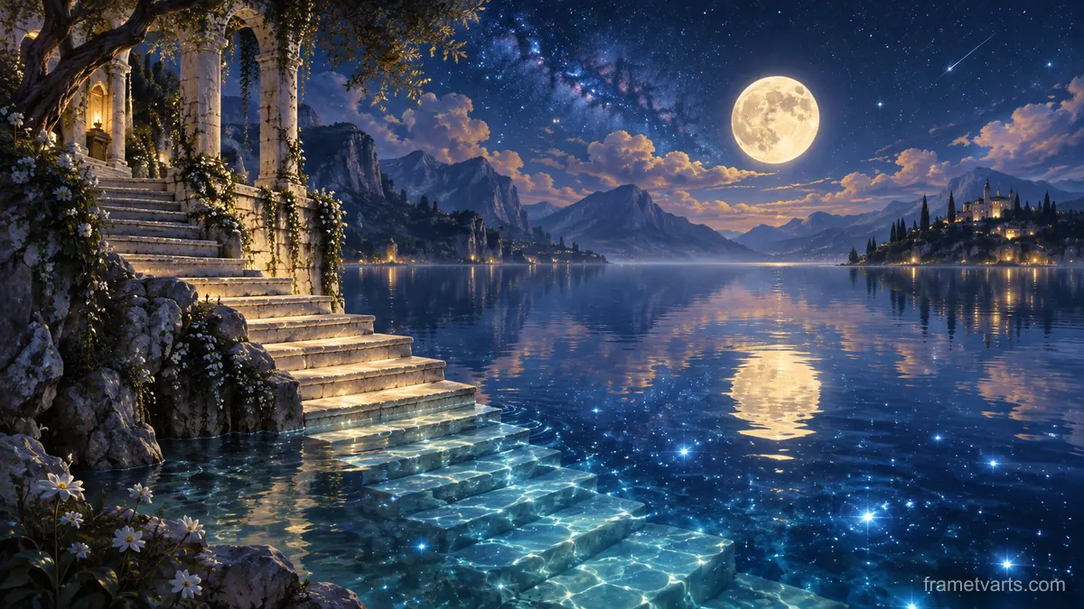 Moonlit staircase leading into a starry lake – luminous digital painting Samsung Frame TV art, 4K