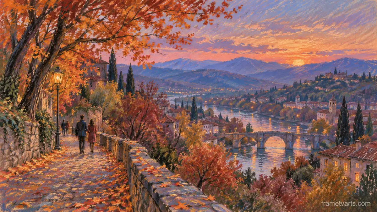 Small figures strolling beneath autumn trees – loose pastel drawing Samsung Frame TV art, 4K