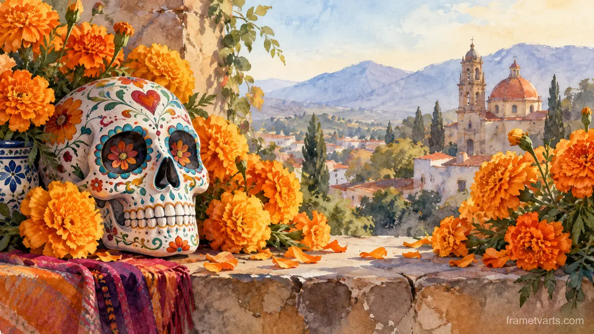 Dia de los Muertos marigolds and an original decorated calavera – elegant watercolor Samsung Frame TV art, 4K