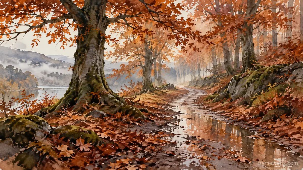 Wet woodland path among copper beeches – loose watercolor Samsung Frame TV art, 4K