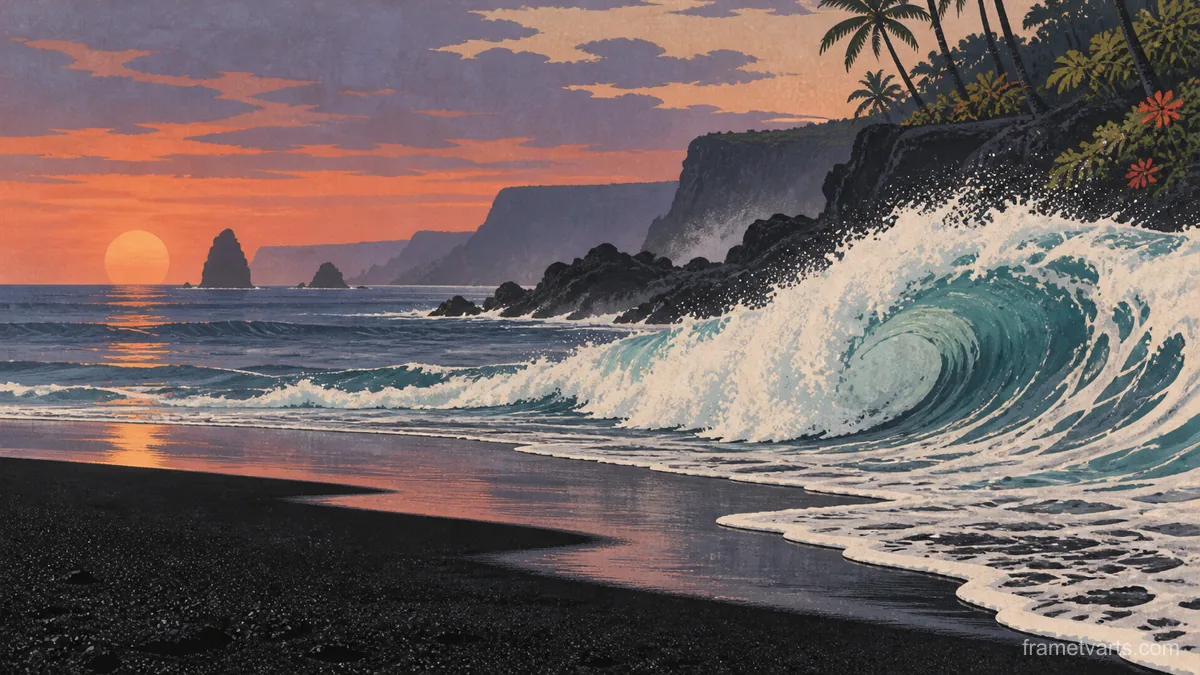 White surf curling onto black volcanic sand – vintage travel illustration without text Samsung Frame TV art, 4K