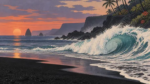 White surf curling onto black volcanic sand – vintage travel illustration without text Frame TV art
