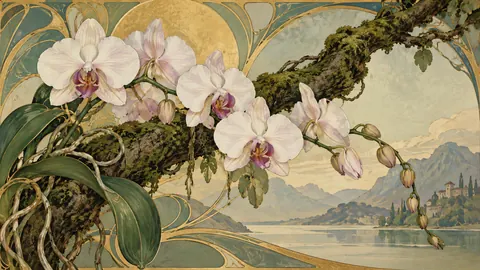 Orchid stems beside a mossy branch – decorative art nouveau painting Frame TV art