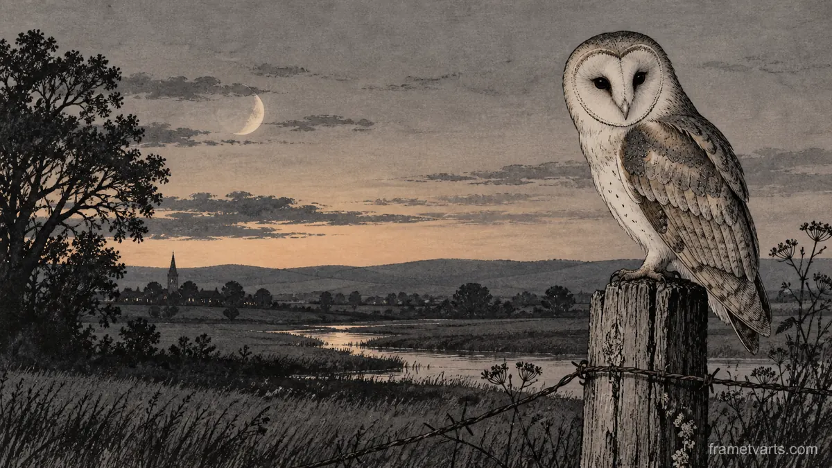 Barn owl on a weathered fence post – restrained ink illustration Samsung Frame TV art, 4K