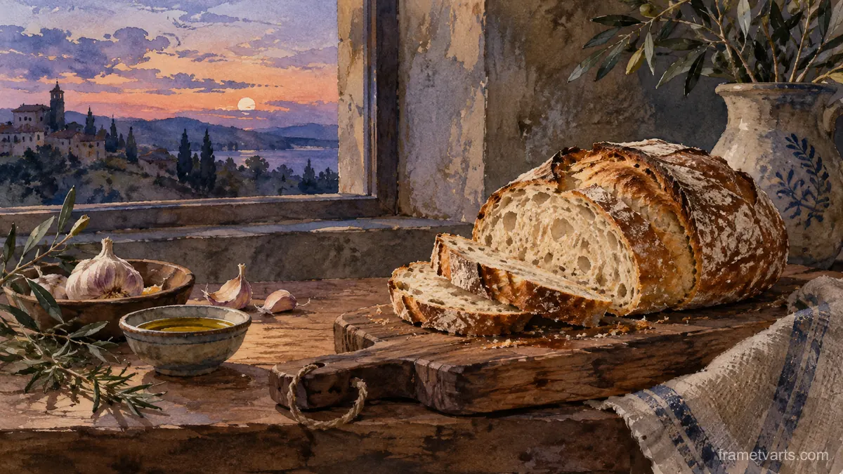 Rustic bread on a wooden cutting board – watercolor still life Samsung Frame TV art, 4K