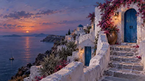 Whitewashed island steps with blue doors – atmospheric oil painting Frame TV art