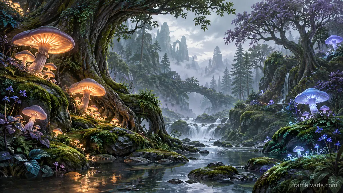 Enchanted forest with luminous mushrooms – luminous digital painting Samsung Frame TV art, 4K