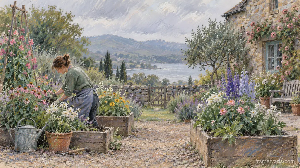 Gardener tending raised flower beds – loose pastel drawing Samsung Frame TV art, 4K