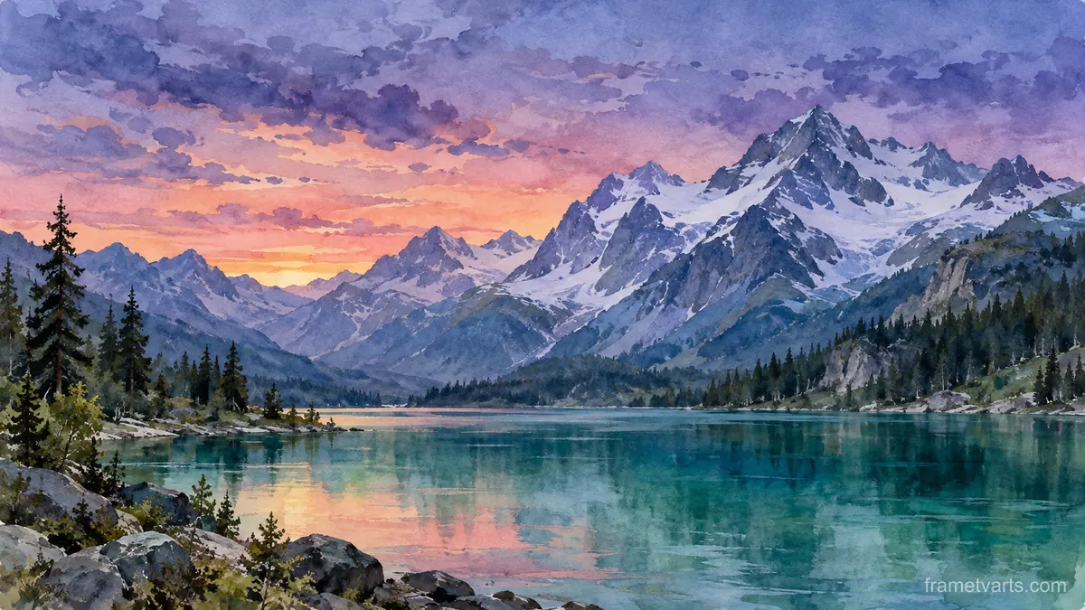 Emerald lake below snow peaks – loose watercolor Samsung Frame TV art, 4K