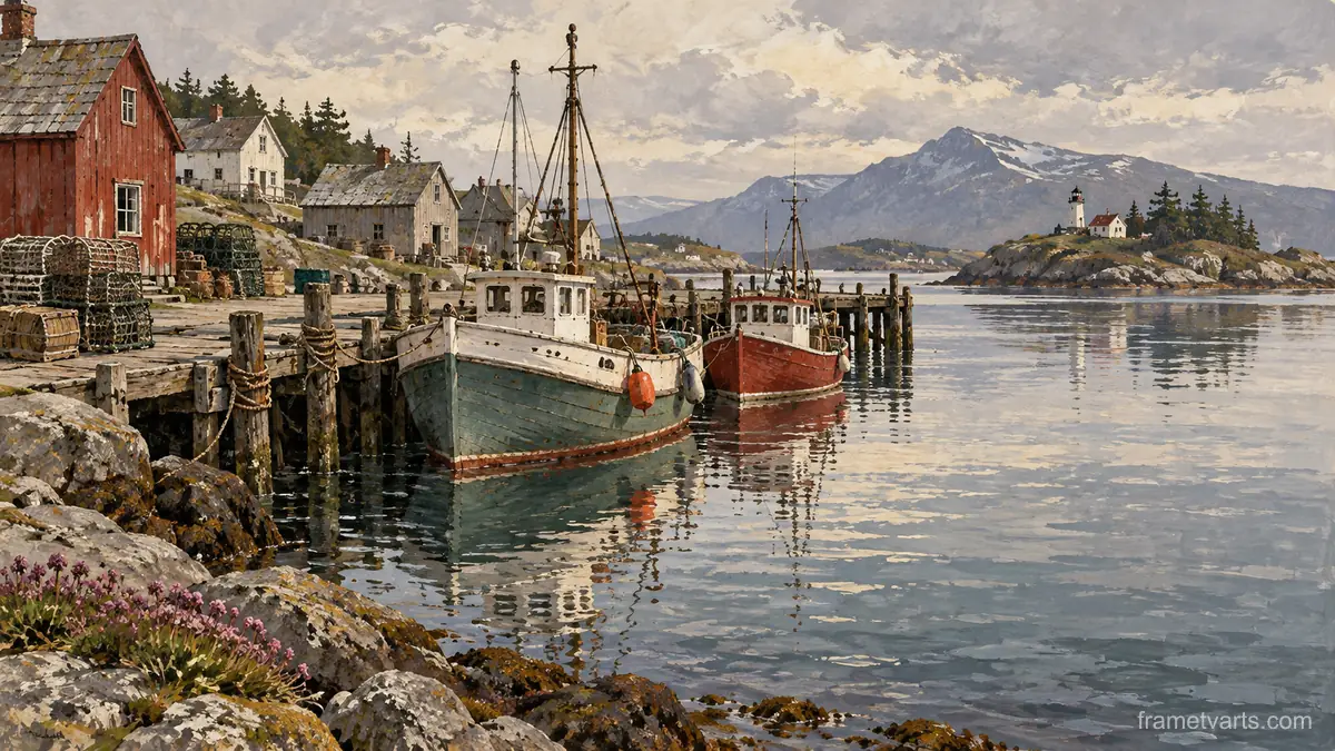 Fishing boats beside a quiet wooden jetty – vintage travel illustration without text Samsung Frame TV art, 4K