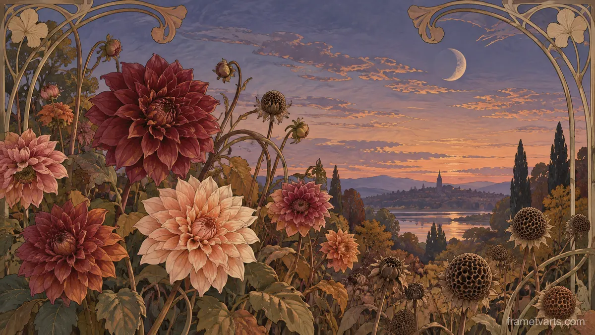 Dahlias and seed heads in autumn garden – decorative art nouveau painting Samsung Frame TV art, 4K