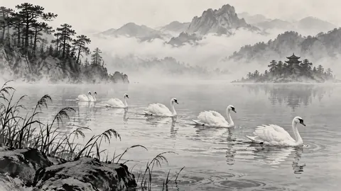 White swans crossing a misty lake – restrained ink illustration Frame TV art
