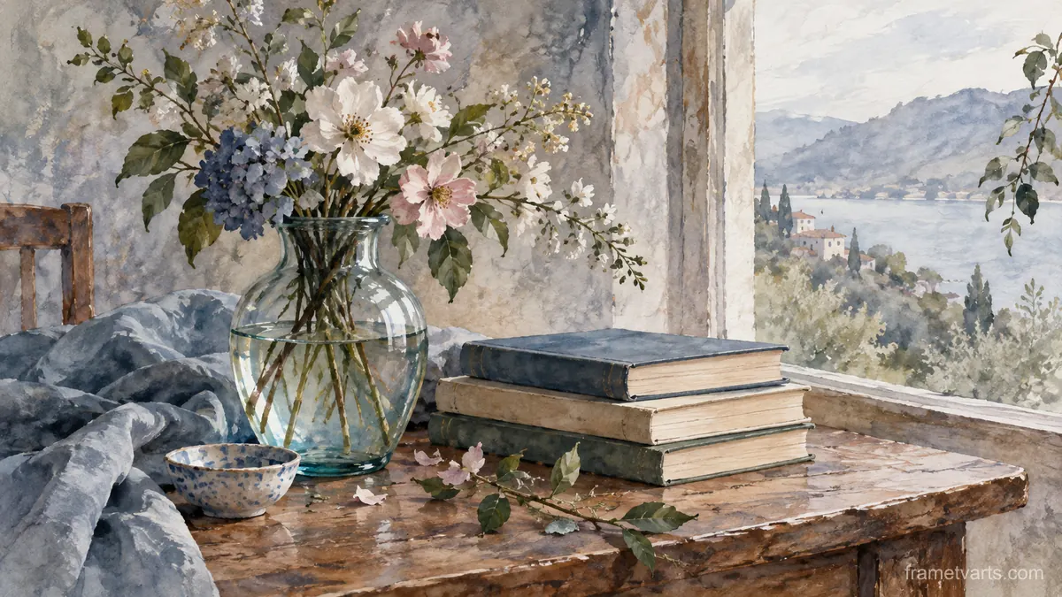Glass vase beside stacked unmarked books – watercolor still life Samsung Frame TV art, 4K